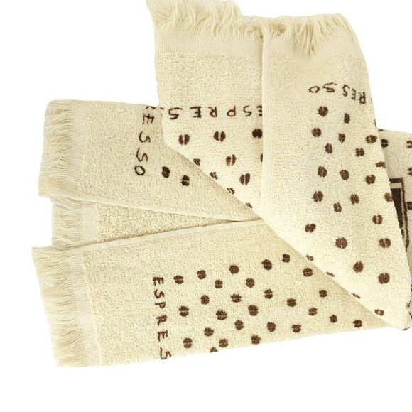 Vintage 1980 Kitchen Hand Towel Coffee Espresso Tan Brown Fringe New - Picture 3 of 3